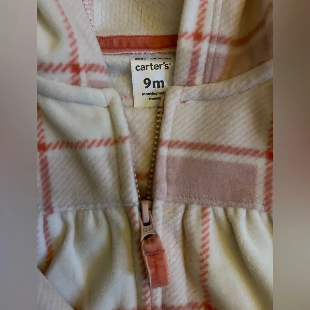 🆕 Carter’s | One Piece Hoodie Body Suit Extra Soft Pink Plaid | baby girl 9 Mo